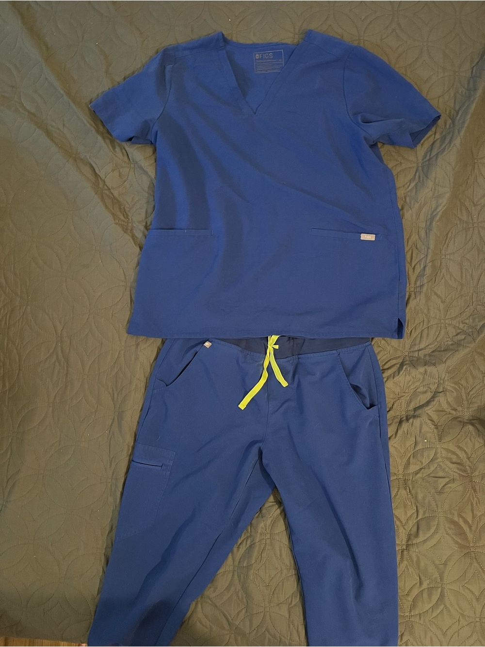 Figs Women's Scrub Set in Royal Blue with Yellow Drawstring